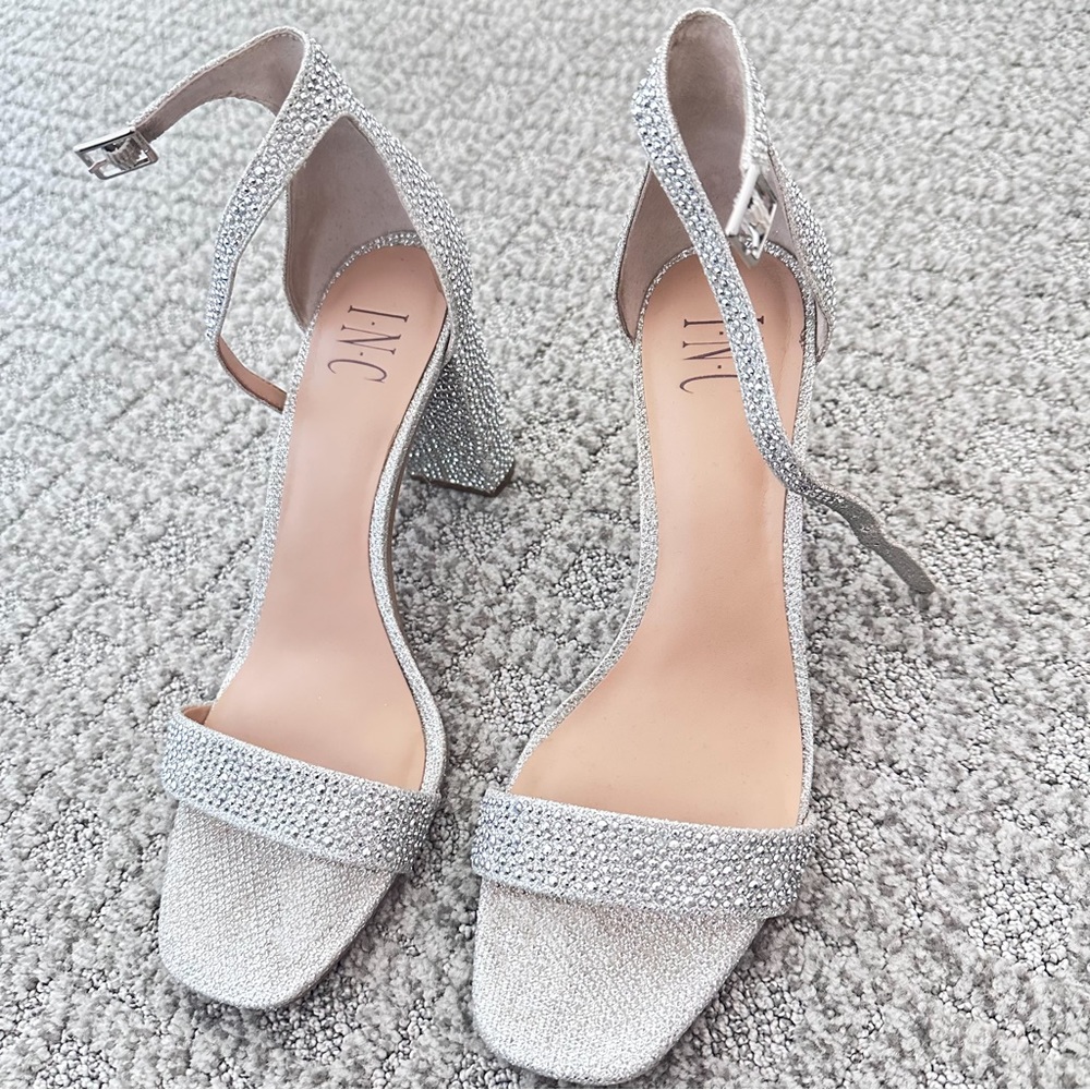 INC bedazzled silver high heels
